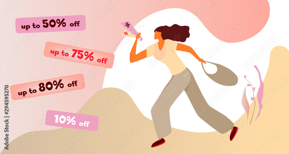 Woman with discount flyers in a hurry to shop. Vector flat illustration of female shopaholic character. Sale banner template design. Poster for big sale, special offer. Silhouette of a shopping girl. Woman with discount flyers in a hurry to shop. Vector flat illustration of female shopaholic character. Sale banner template design. Poster for big sale, special offer. Silhouette of a shopping girl.