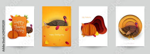 Set background for covers, invitations, posters, banners, flyers, placards. Minimal template design for branding, advertising with thanksgiving day composition in papercut style. Vector illustration.