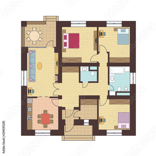Architectural floor plan of a house. Drawing of the cottage with furniture arrangement. One-storey building. Vector illustration EPS10