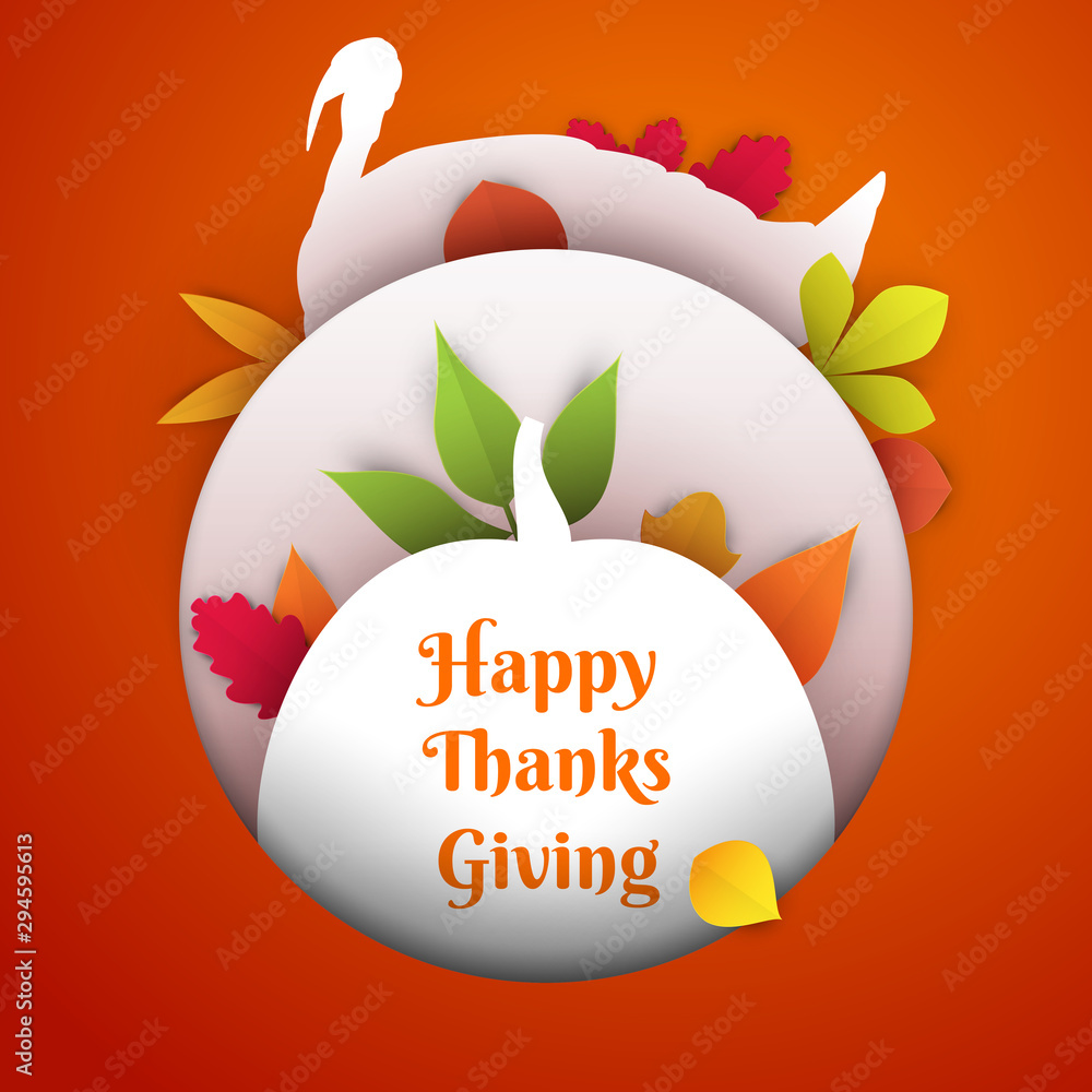 Plakat Turkey and pumpkin shape with autumn leaves in paper cut style. Concept background for thanksgiving day. Minimalistic vector design template for greeting card, cover, poster, banner.