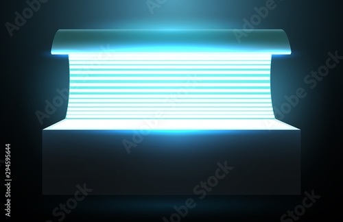 Vector solarium cabin with blue luminous lamps isolated on black background. Realistic 3d illustration. photo