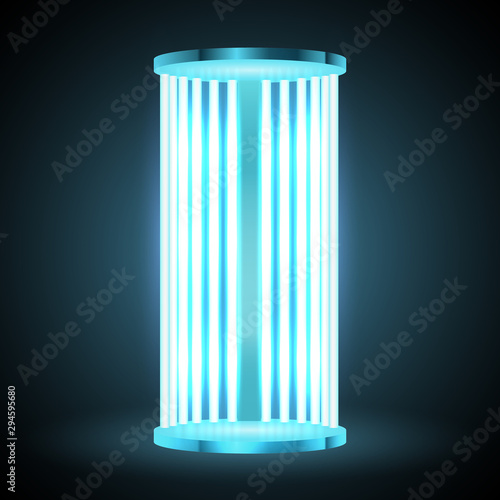 Vector solarium cabin with blue luminous lamps isolated on black background. Realistic 3d illustration.