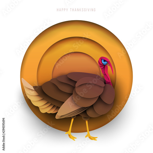 Cartoon turkey in paper cut style. Concept background for thanksgiving day. Minimalistic vector design template for greeting card, cover, poster, banner.