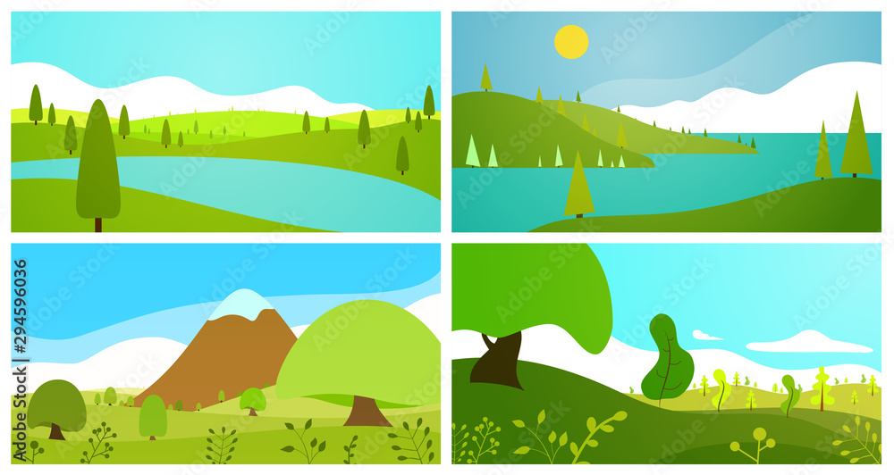 Set of summer or spring panoramic landscape background with trees and hills in flat colorful style. Cartoon vector horizontal illustration. Seasonal concept for design banner, poster, greeting card.