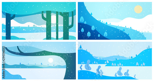 Set of winter panoramic landscape background with snow, trees and hills in flat colorful style. Cartoon vector horizontal illustration. Seasonal concept for design banner, card.