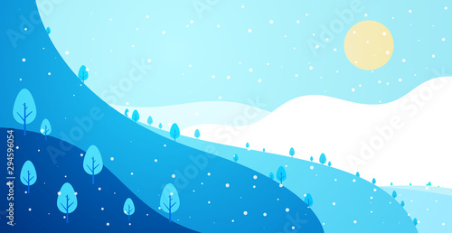 Winter panoramic landscape background with snow, trees and hills in flat colorful style. Cartoon vector horizontal illustration. Seasonal concept for design banner, card.