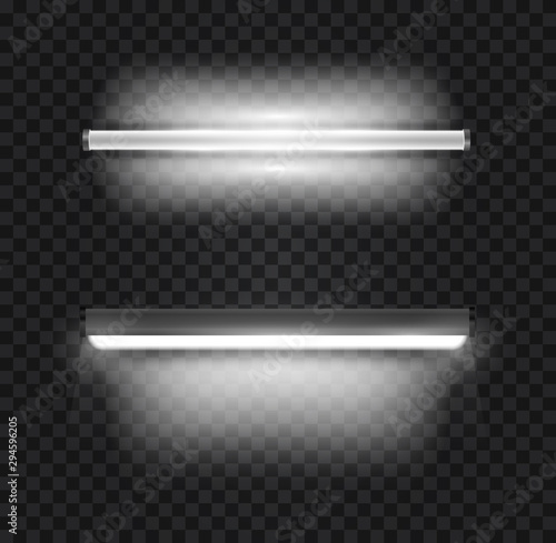 Set of realistic 3d white long fluorescent light tube isolated on transparent background. Bright illuminated luminescence lamp. Vector illustration.