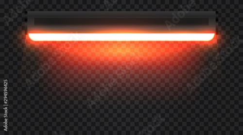 Realistic 3d infrared long fluorescent light tube isolated on transparent background. Bright illuminated luminescence lamp. Vector illustration.