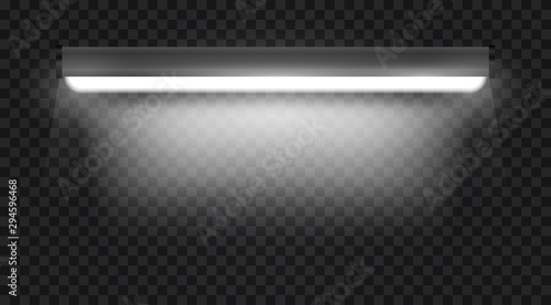 Realistic 3d white long fluorescent light tube isolated on transparent background. Bright illuminated luminescence lamp. Vector illustration.