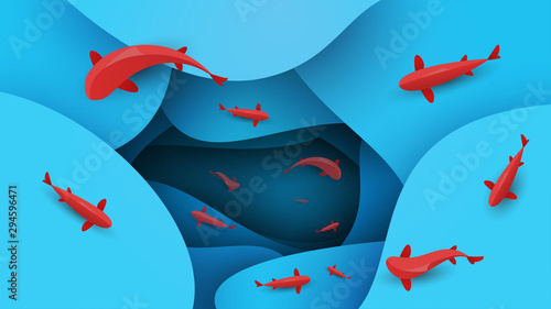Red fish swim in water. Vector japanese koi carp or golden fish in cartoon paper style. Top view. Minimalistic design illustration.