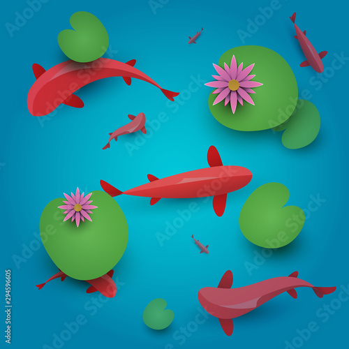Red fish swim in water. Vector japanese koi carp or golden fish in cartoon paper style. Top view. Minimalistic design illustration.