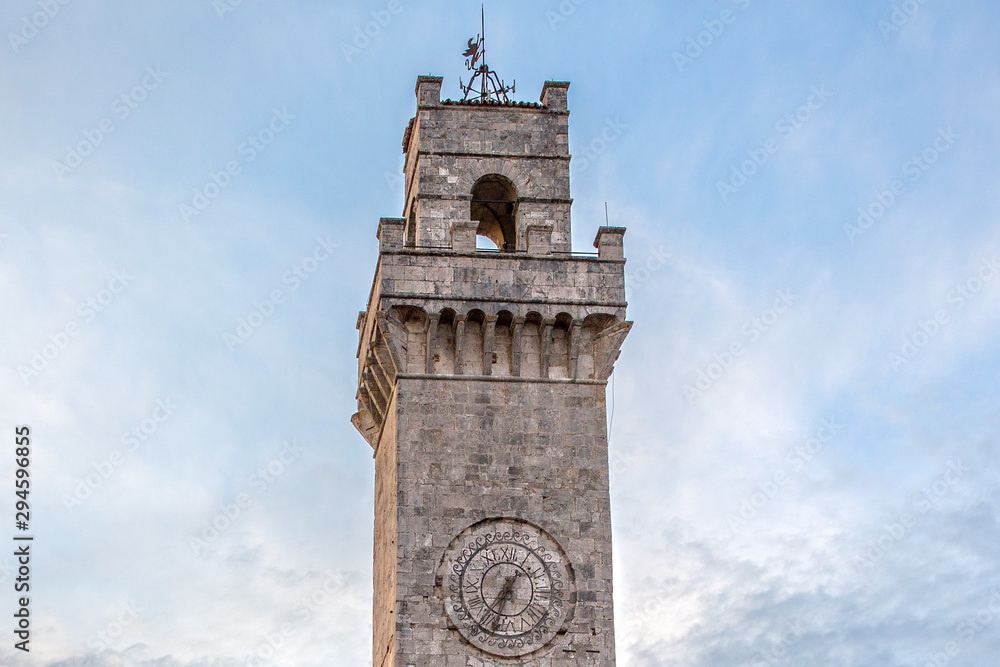 Detail of the tower of the municipality of Montepulciano, in the province of Siena, Italy.