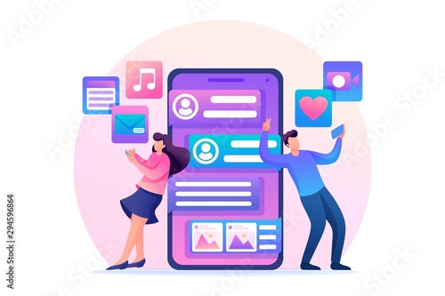 Young people correspond in a social network, online chat. Send photos and videos to each other. Flat 2D character. Concept for web design