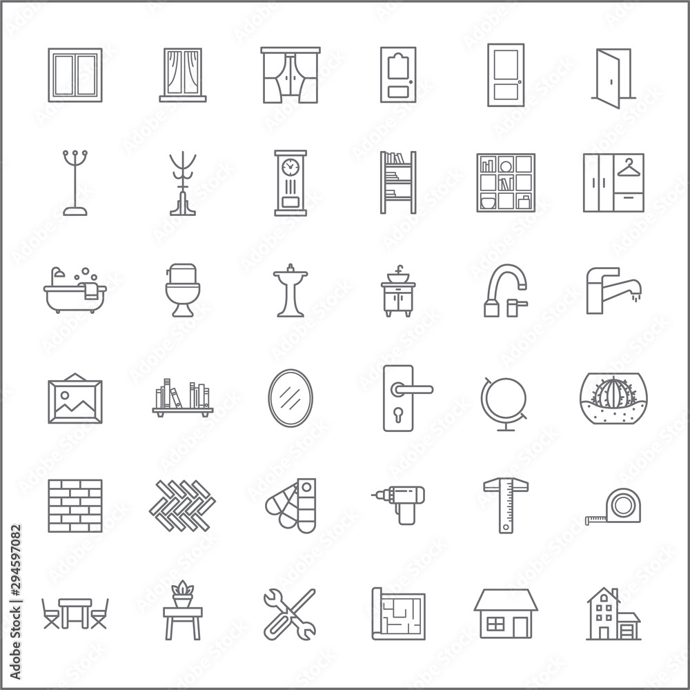 Set of furniture and interior Icons line style. Included the icons as window, door, curtain, bathroom, home decoration, bookshelf, bathtub and more. customize color, stroke width control , easy resize