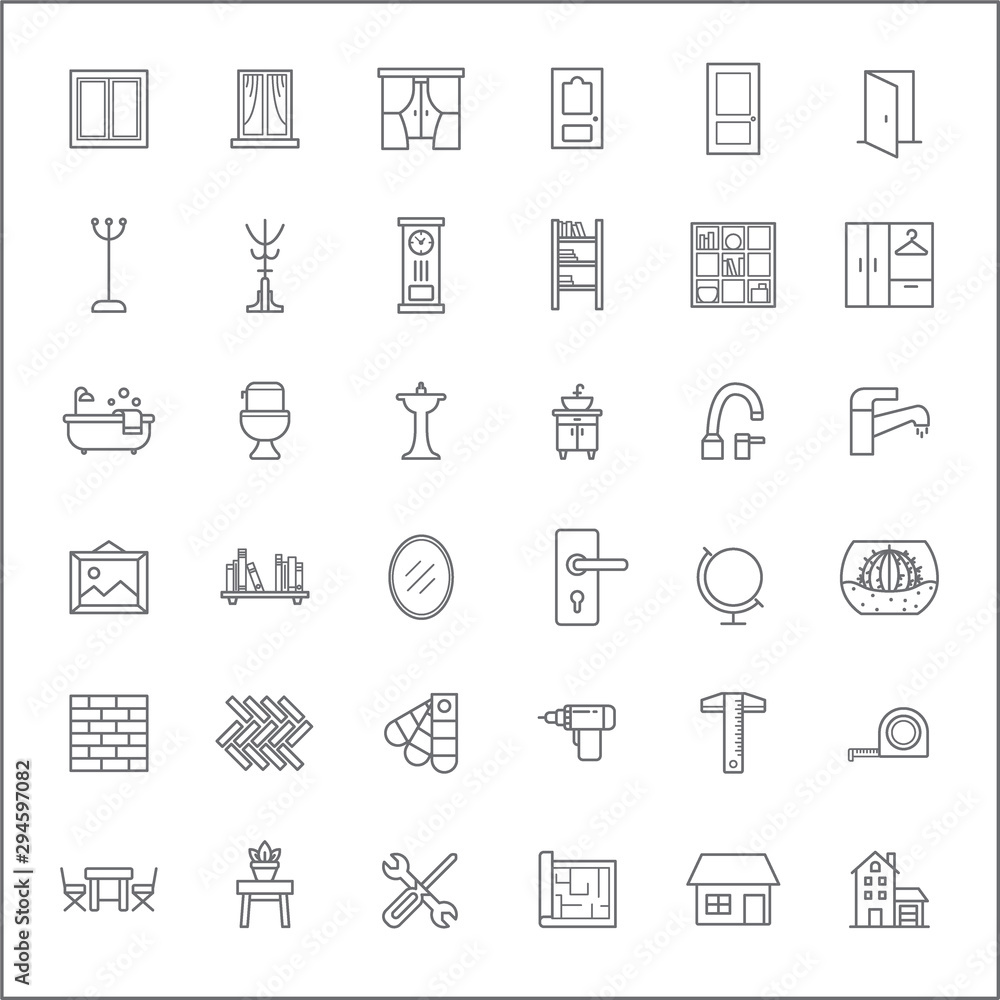 Set of furniture and interior Icons line style. Included the icons as window, door, curtain, bathroom, home decoration, bookshelf, bathtub and more. customize color, stroke width control , easy resize Set of furniture and interior Icons line style. Included the icons as window, door, curtain, bathroom, home decoration, bookshelf, bathtub and more. customize color, stroke width control , easy resize