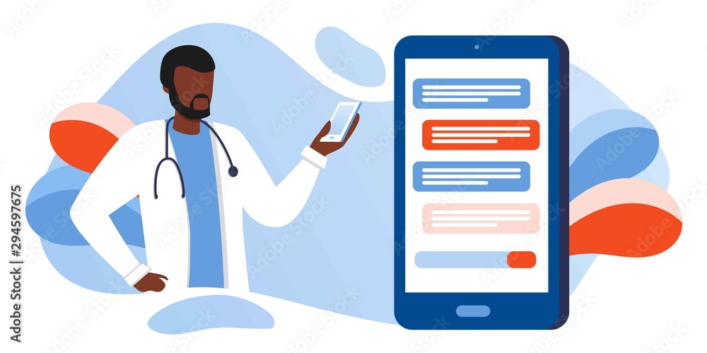 Patient consultation to the doctor via smartphone. Online medical support. Online doctor. Healthcare services, Ask a doctor. Afro Family doctor, urologist with stethoscope on the messenger screen Patient consultation to the doctor via smartphone. Online medical support. Online doctor. Healthcare services, Ask a doctor. Afro Family doctor, urologist with stethoscope on the messenger screen