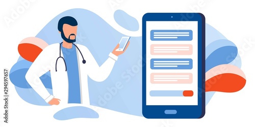 Patient consultation to the doctor via smartphone. Online medical support. Online doctor. Healthcare services, Ask a doctor. Family doctor, urologist with stethoscope on the messenger screen