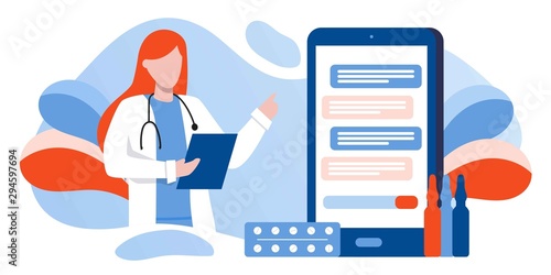 Patient consultation to the doctor via smartphone. Online medical support. Online doctor. Healthcare services, Ask a doctor. Family female doctor, gynecologist with stethoscope on the messenger screen