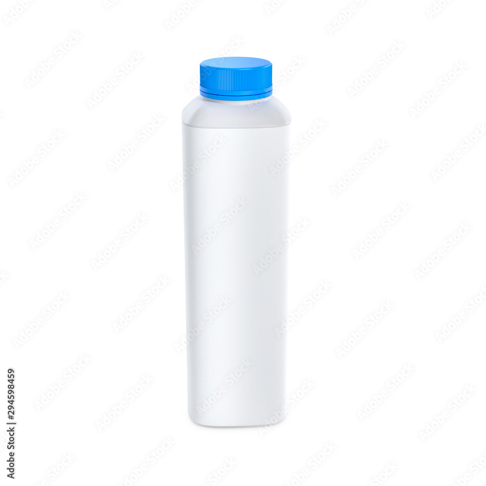 White plastic bottle mockup for dairy , milk, yogurt. Isolated on white background. Container with blue cap. White plastic bottle mockup for dairy , milk, yogurt. Isolated on white background. Container with blue cap.