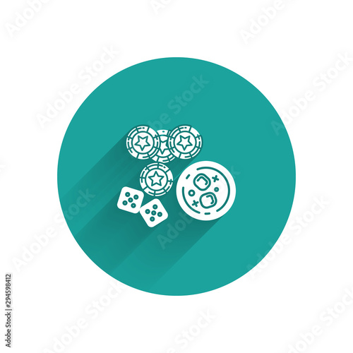 White Casino chips, game dice and glass of whiskey with ice cubes icon isolated with long shadow. Casino poker. Green circle button. Vector Illustration