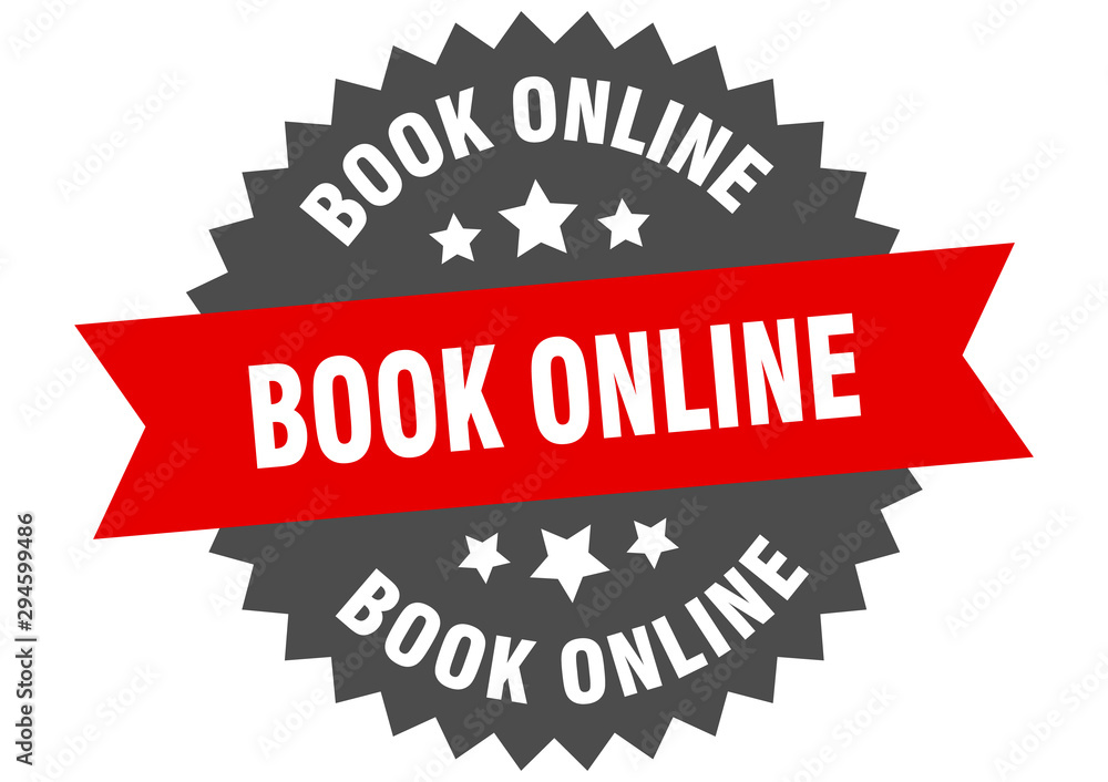book online sign. book online red-black circular band label book online sign. book online red-black circular band label