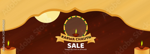 indian festival of karwa chauth celebrations banner and background with sieve and moon .(Translation: Karwa means earthen pot, chauth means fourth)_Vector, Illustration.