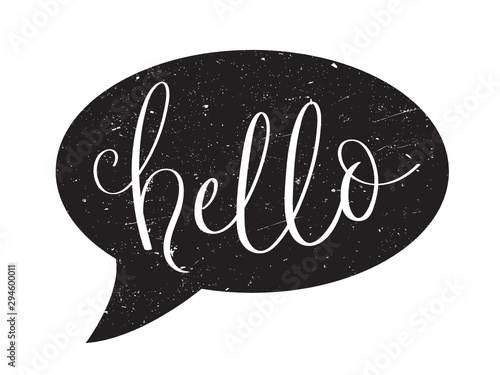 HELLO vector brush calligraphy in speech bubble shape with distressed texture