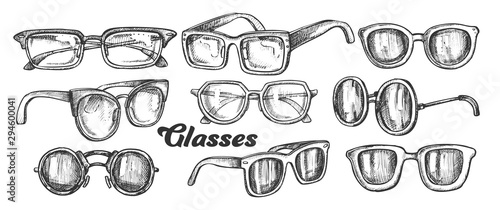 Glasses Fashion Accessory Monochrome Set Vector. Collection In Different Form Glasses. Optical And Sun Protection Eyeglasses Engraving Template Designed In Vintage Style Black And White Illustrations