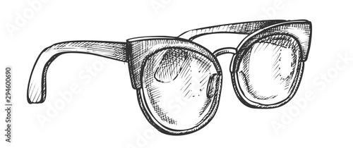 Glasses Fashion Correction Accessory Retro Vector. Female Optical Diopter Glasses For Safe Or Good Vision. Old Nerd Specs Optics Engraving Layout Designed In Vintage Style Black And White Illustration