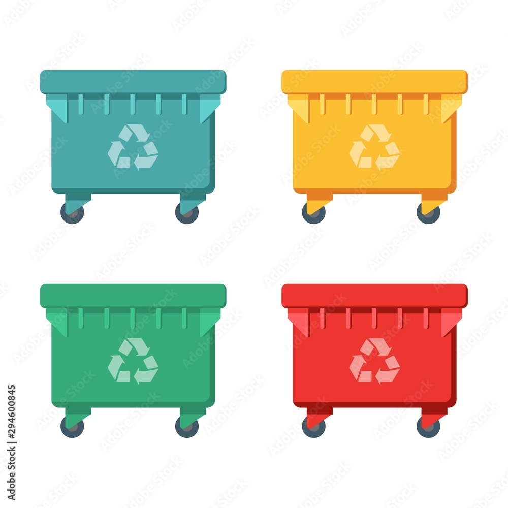 garbage cans with sorted garbage vector icons. Container dustbin for paper, plastic, glass, e-waste in flat style. Separation of waste cans for recycling. Colored waste bins. Waste management concept garbage cans with sorted garbage vector icons. Container dustbin for paper, plastic, glass, e-waste in flat style. Separation of waste cans for recycling. Colored waste bins. Waste management concept