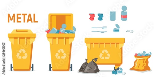 Yeloow recycle garbage bin for metal set. For banner, flyer. Separation of waste cans for recycling, reuse, reduce. Throw away metal in correct trash can. cans, metal tools, nails, screws in bags