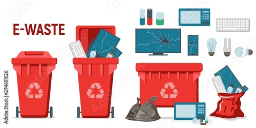 Blue recycle garbage bin for e-waste set. For banner, flyer. Separation of waste cans for recycling, reuse, reduce. Throw away electronic devices in correct trash can. TV, computer, phone, battery