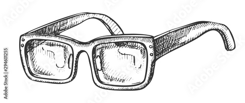 Glasses Vision Correction Accessory Retro Vector. Rectangular Optical Diopter Glasses For Reading. Men Specs Optics Eyewear Engraving Mockup Hand Drawn In Vintage Style Black And White Illustration