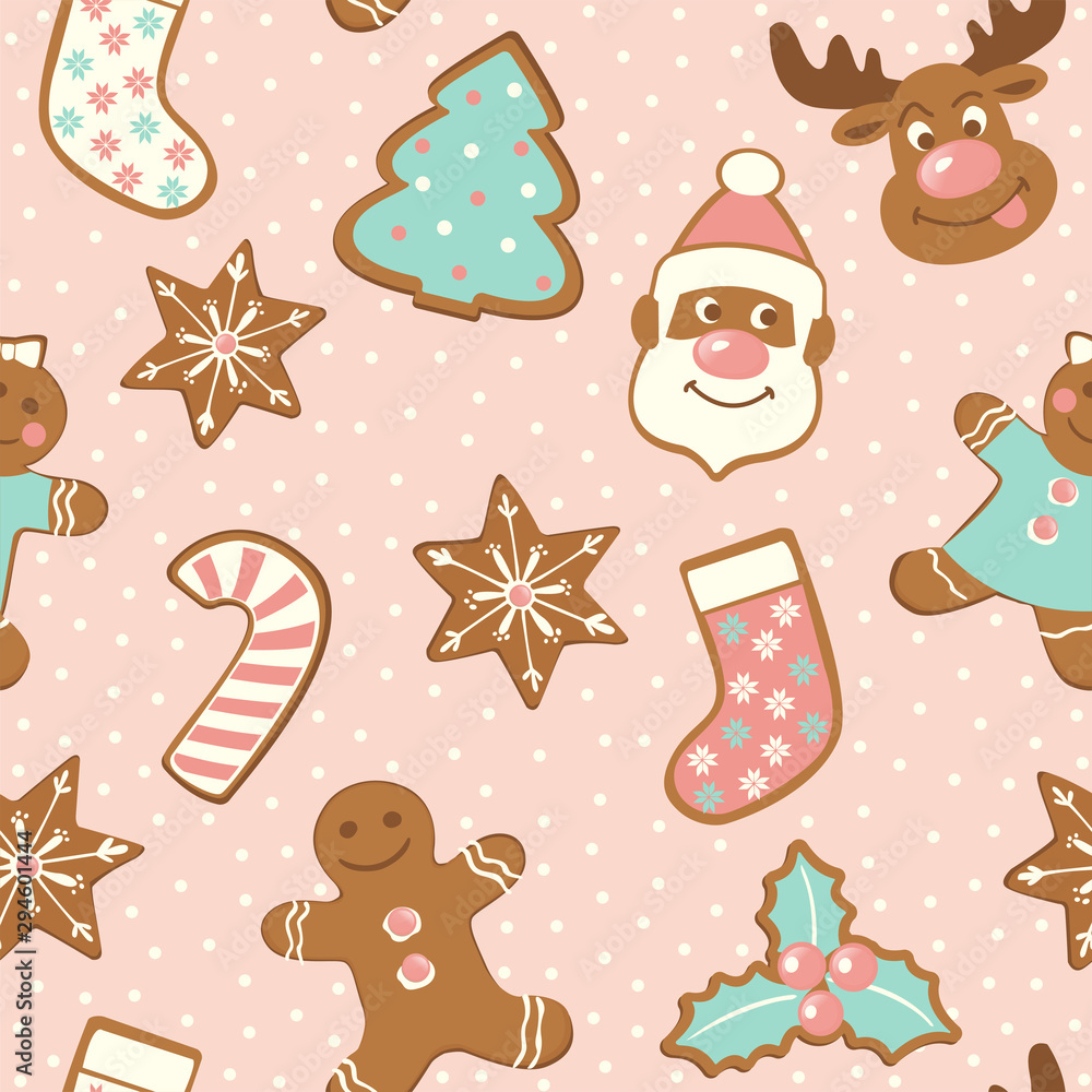 Naklejka premium Set of cute gingerbread cookies for christmas. Isolated on white background. Vector seamless pattern.