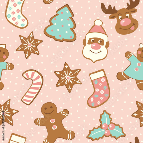 Set of cute gingerbread cookies for christmas. Isolated on white background. Vector seamless pattern.