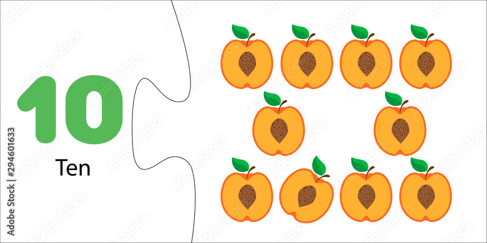 Number 10 and ten halves of peaches. Fruit count for kids. Math for