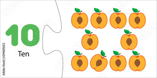 Number 10 and ten halves of peaches. Fruit count for kids. Math for preschoolers. Educational flash card. Puzzle game