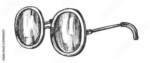 Glasses Round Shape Lens Accessory Ink Vector. Anti-glare Protection Glasses For Women. Sunglasses Summer Device Metal Frame Engraving Template Hand Drawn In Vintage Style Black And White Illustration