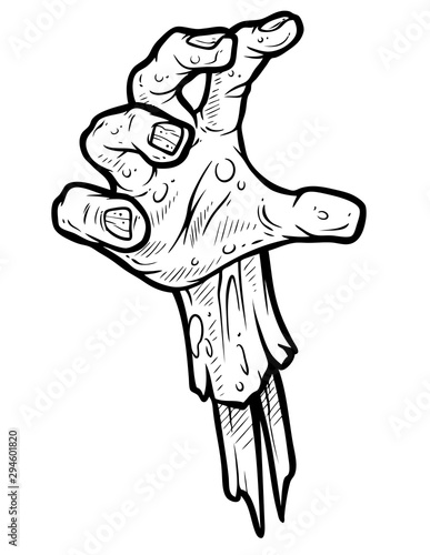 Cartoon graphic black and white hand drawn scary zombie monster hand with bone. Isolated on white background. Halloween vector icon.