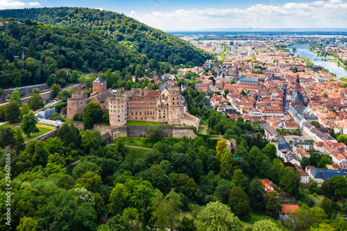 Aerial view, Heidelberg Castle and Old Town of Heidelberg with Neckar, Baden-Wuerttemberg, Germany,