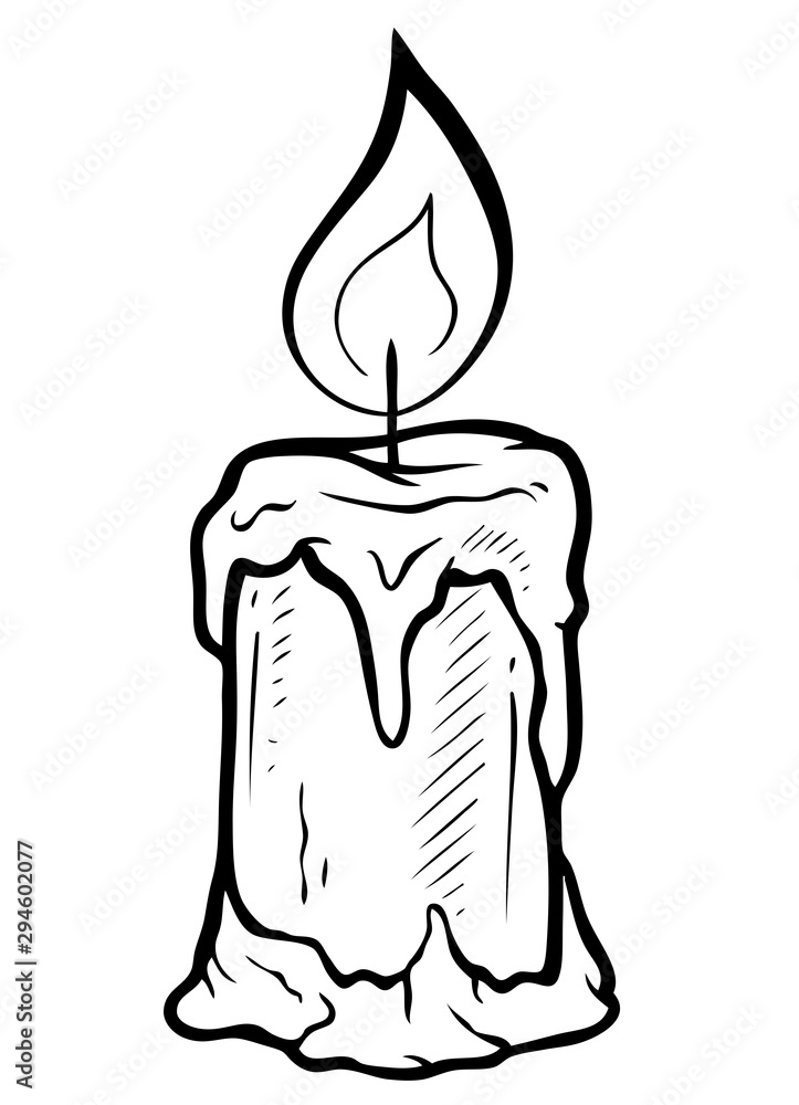 Cartoon graphic black and white hand drawn flaming candle. Isolated on  white background. Halloween vector icon. Stock Vector | Adobe Stock
