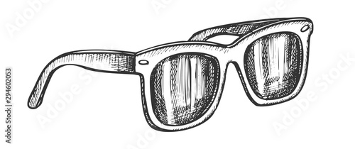 Glasses Stylish Protect Accessory Vintage Vector. Men Eye Protection Classical Glasses. Glamor Sunglasses With Plastic Frame Engraving Template Designed In Retro Style Monochrome Illustration