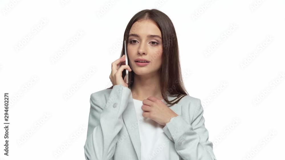excited businesswoman talking on smartphone isolated on white excited businesswoman talking on smartphone isolated on white