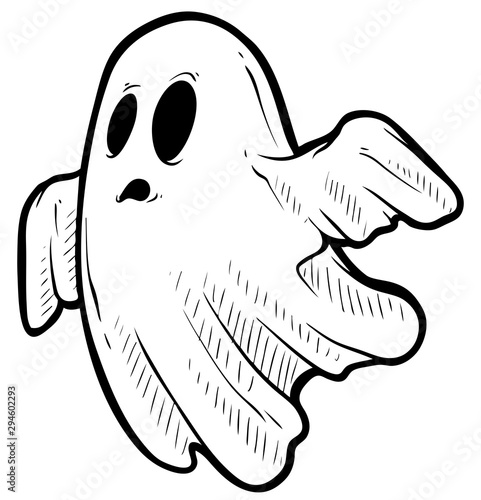 Cartoon funny crazy graphic black and white hand drawn ghost monster with spooky face. Isolated on white background. Halloween vector icon.