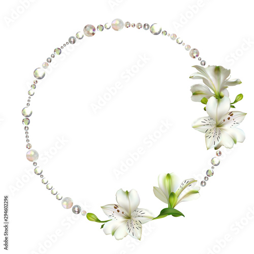 Flowers. White lilies. Crystals. Jewelry. Vector illustration.