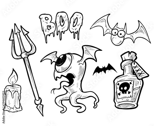 Cartoon halloween graphic black and white hand drawn monsters and objects. Bat and trident. Candle and poison. Dragon and candle. Isolated on white background. Halloween vector icon set.