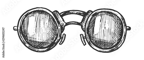 Glasses Round Form Lenses Accessory Ink Vector. Men Sun Protection Glasses. Fashionable Sunglasses With Metallic Frame Engraving Template Hand Drawn In Vintage Style Black And White Illustration