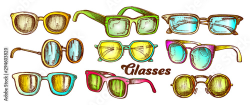 Glasses Fashion Accessory Color Set Vector. Collection In Different Form Glasses. Optical And Sun Protection Eyeglasses Engraving Template Designed In Vintage Style Illustrations