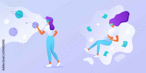 Business woman using virtual reality glasses and touching vr interface, data analysis. Into virtual reality world. Future technology. For landing page, banner, infographic. Girl wearing VR headset © Юлия Лазебная