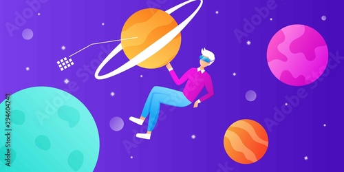 Young man with VR headset in space. Virtual reality for education and games. Flat cartoon vector illustration. Guy flying in cyberspace interacting with imaginary universe. For banner, landing page